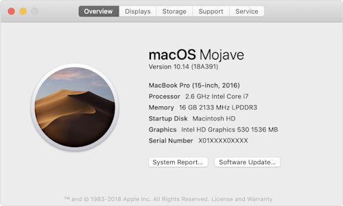 About this Mac Mojave Version 10.14. MacBoot Pro 2016